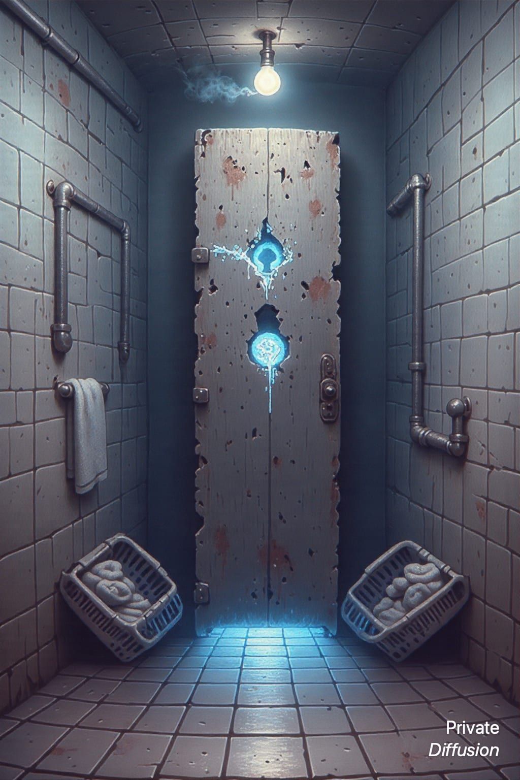 A peeling basement door exhales frost through its keyhole in a dim laundry corridor.