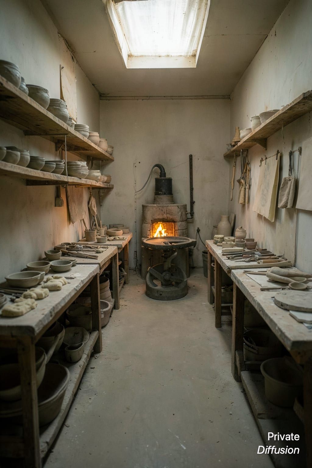 A quiet ceramic studio holds bowls, tools, clay tables, and warm kiln light.