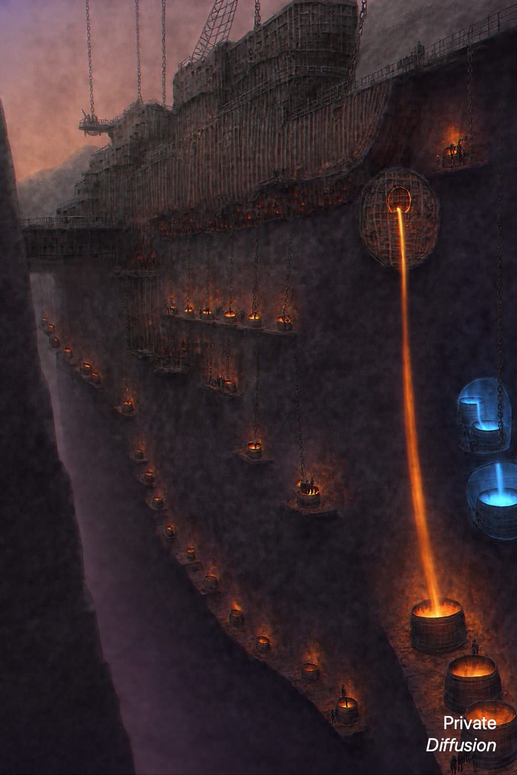 A cliff forge pours molten glass into large skyship hull molds above a canyon.