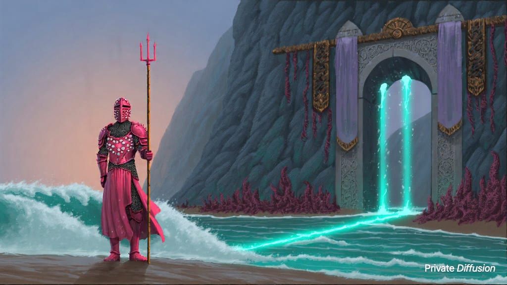 A coral-armored knight guards a carved sea gate as glowing channels drain at sunset.