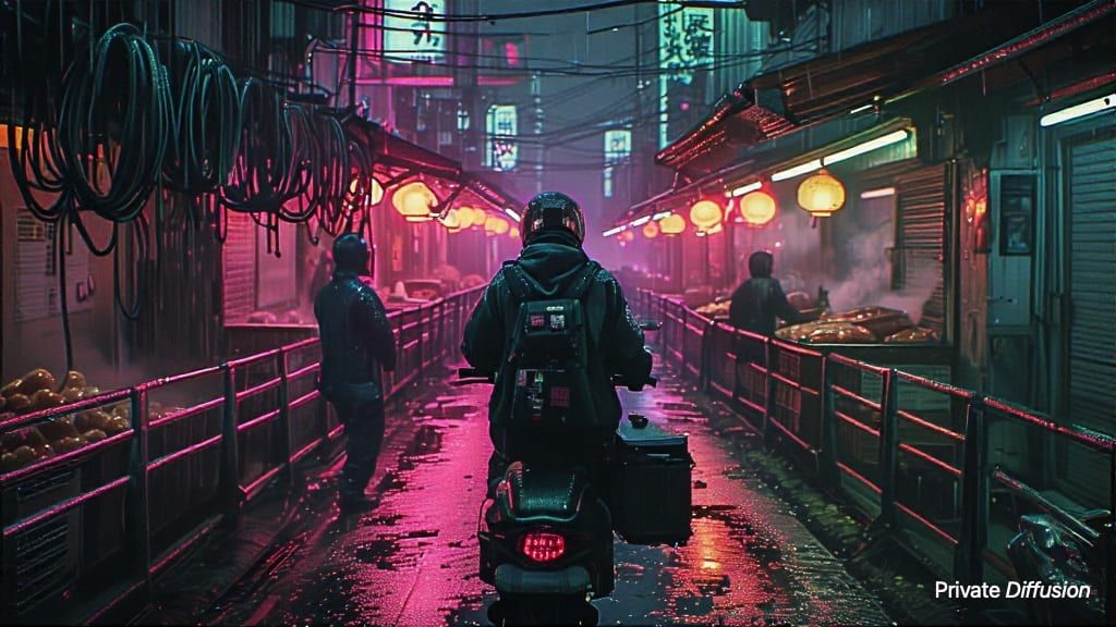 A masked courier rides through a neon rainlit elevated bazaar with cables overhead.