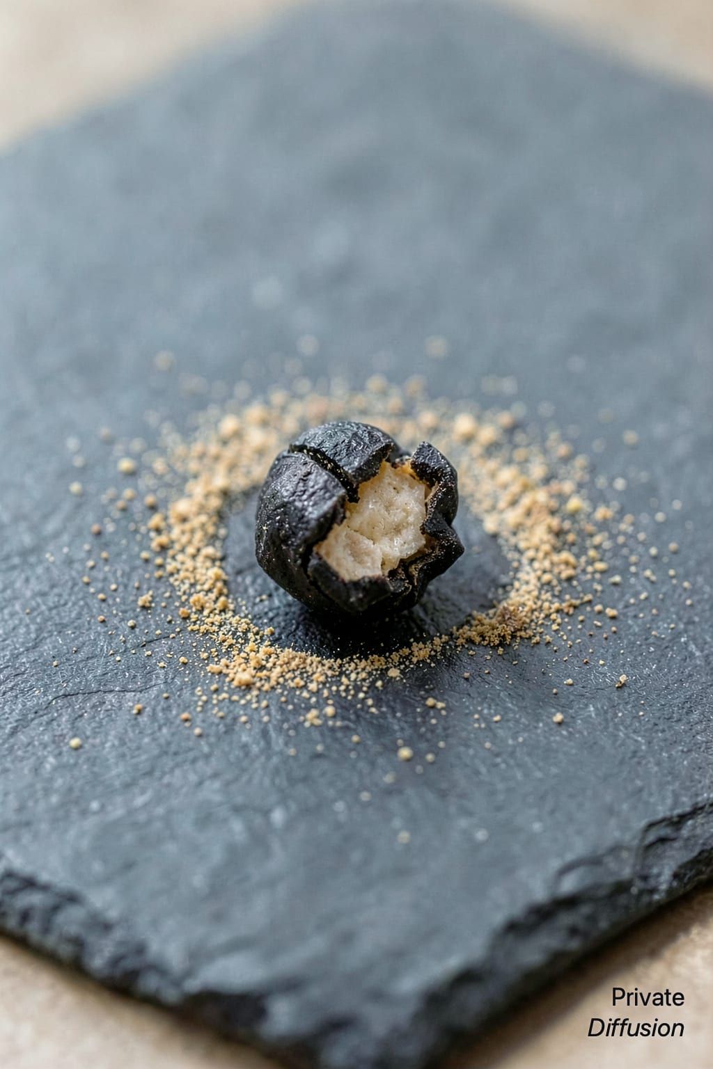 A cracked black peppercorn sits on slate with spice dust around it.