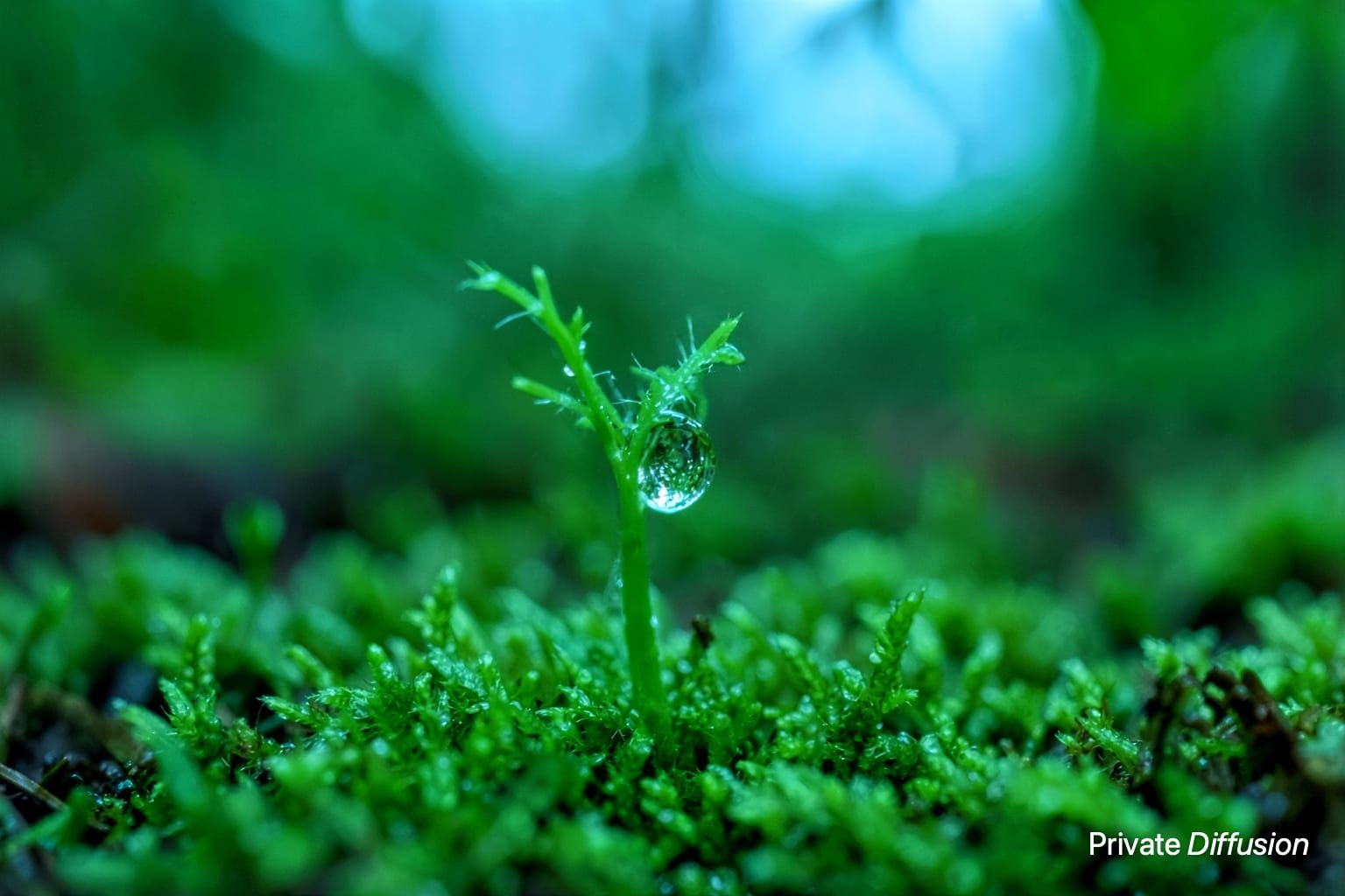 A clear dew bead bends a tiny moss stem on a damp forest floor.