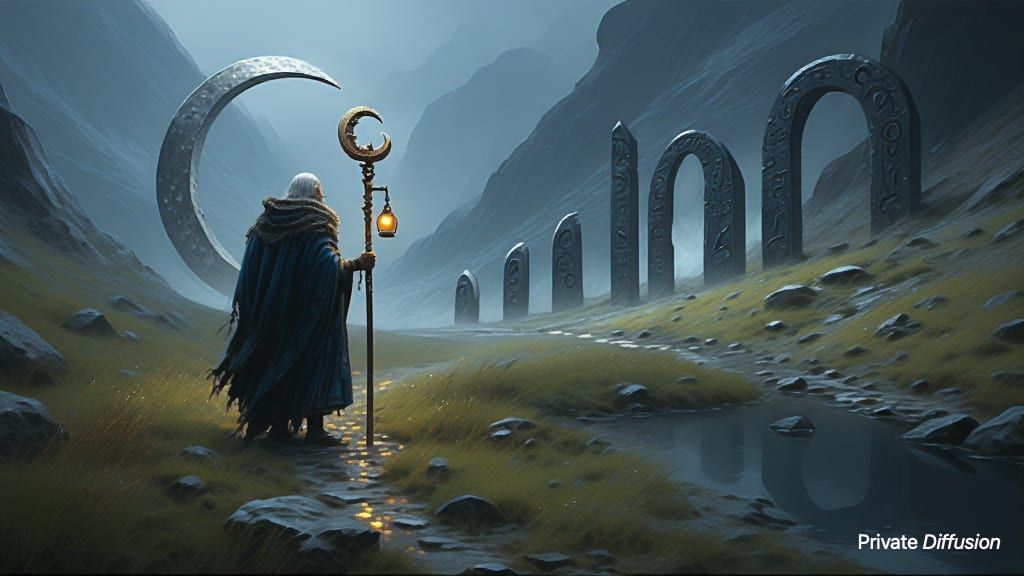 A lantern keeper walks toward glowing moonstone arches beside a dark mountain pond.