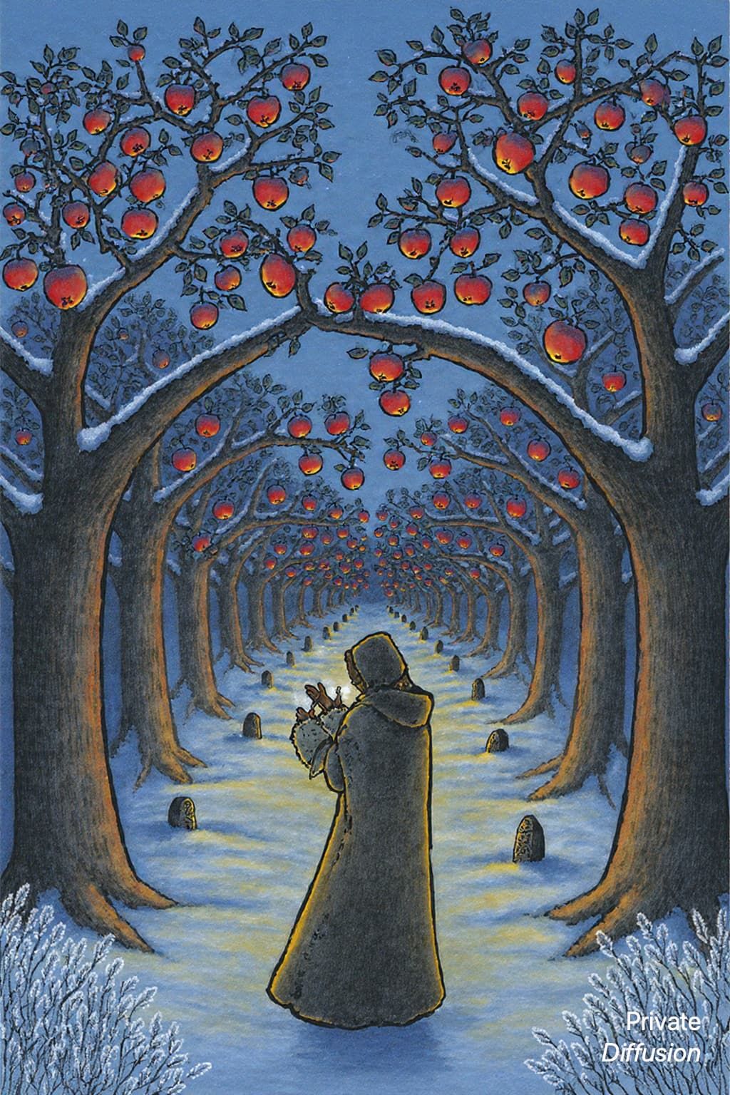 A cloaked keeper harvests glowing lantern fruit from snowy black apple trees.