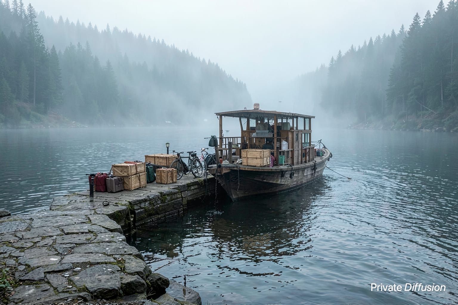 A wooden ferry approaches a stone pier on a misty mountain lake.