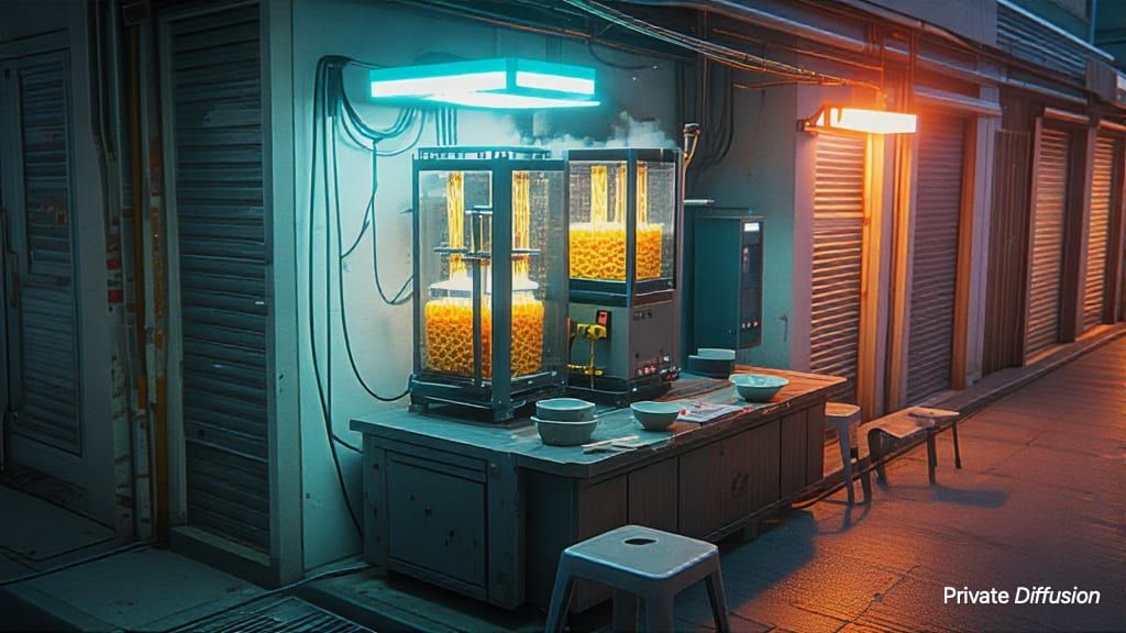 A noodle-making machine steams in a neon alley beside empty sidewalk stools.