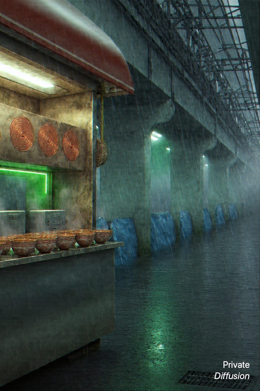 A noodle stall uses copper dials to shape rain into glowing sound waves.