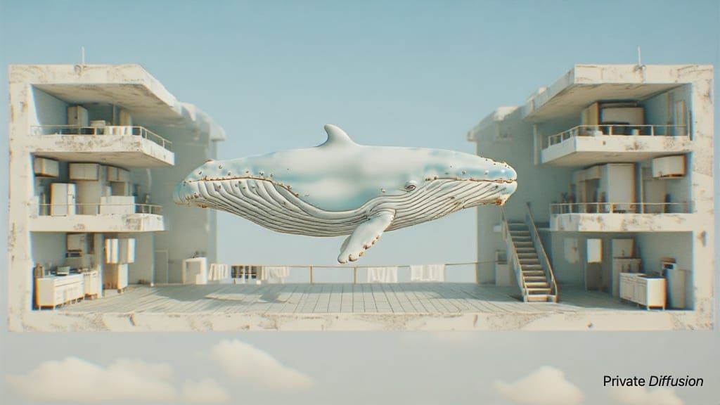 A porcelain whale drifts through cutaway apartment rooms in a bright empty sky.