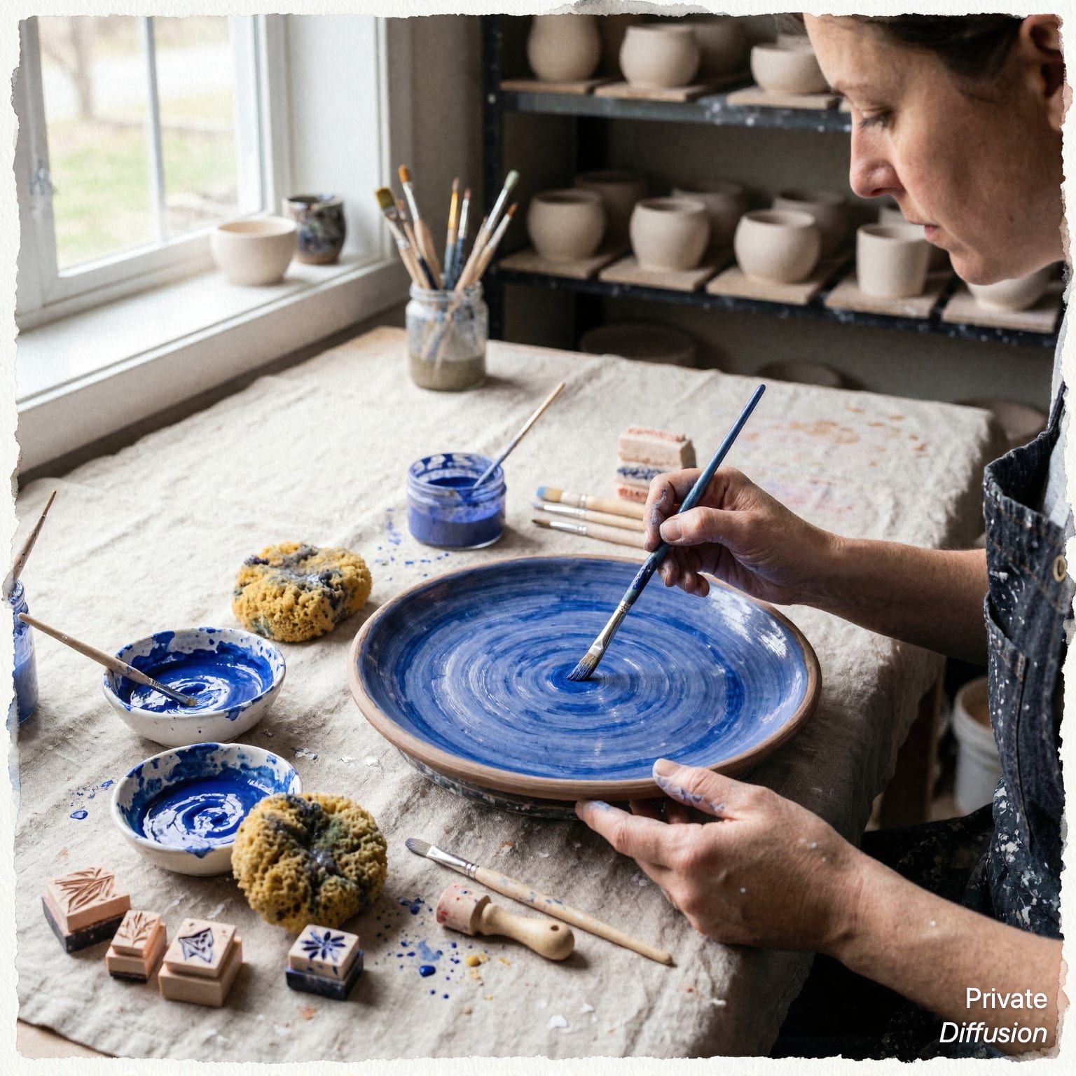 A ceramic artist paints blue glaze onto a clay platter at a studio table.