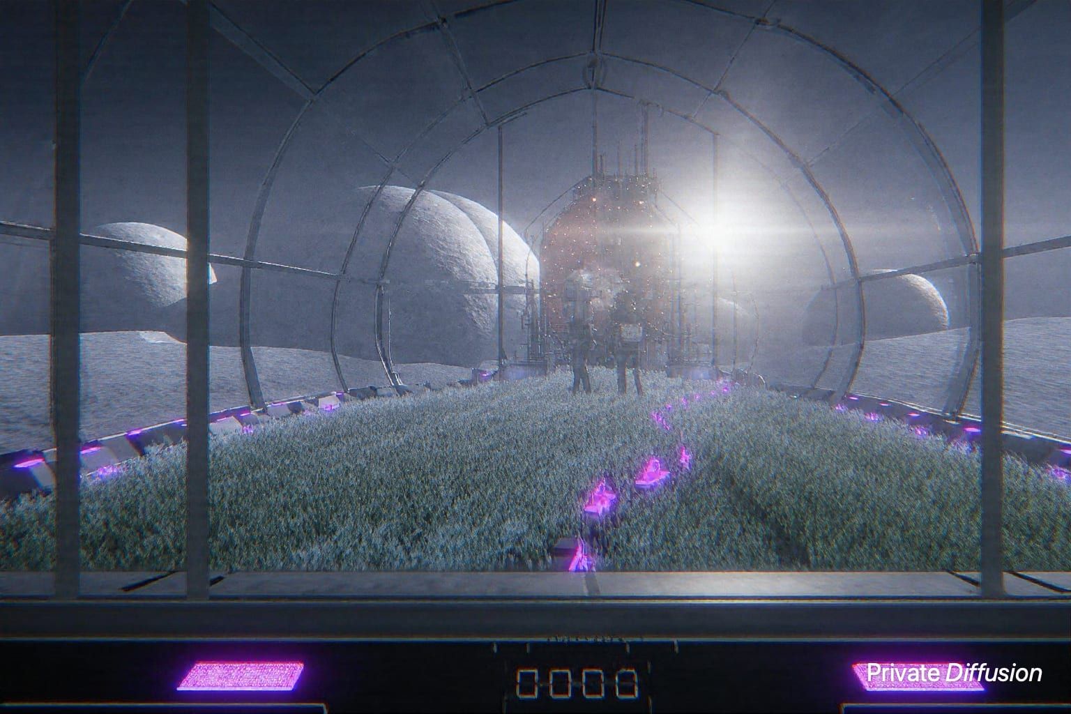 A glowing reactor powers hydroponic crops inside a greenhouse on an icy moon.