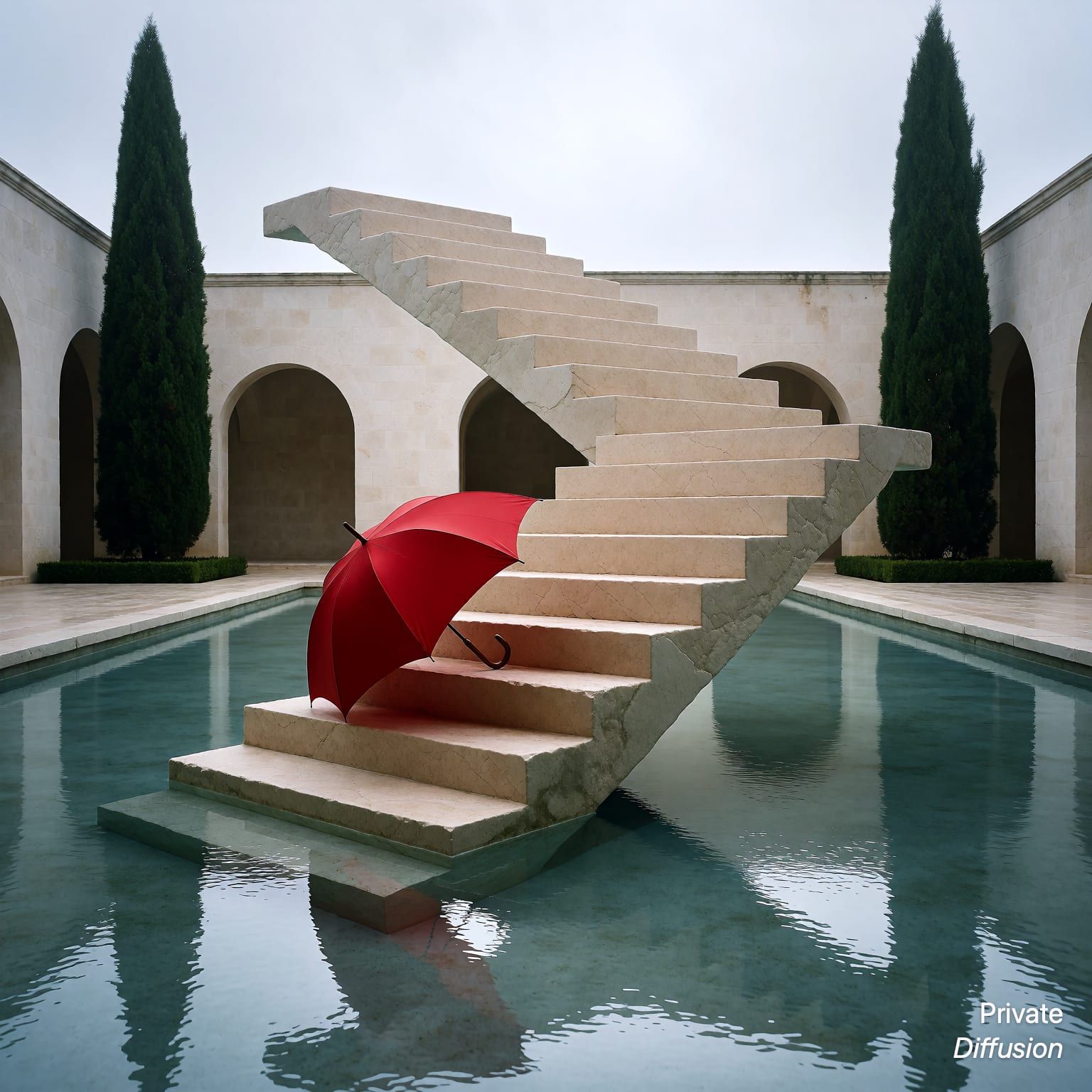 A stone staircase folds into clouds above a reflecting pool with a red umbrella below.