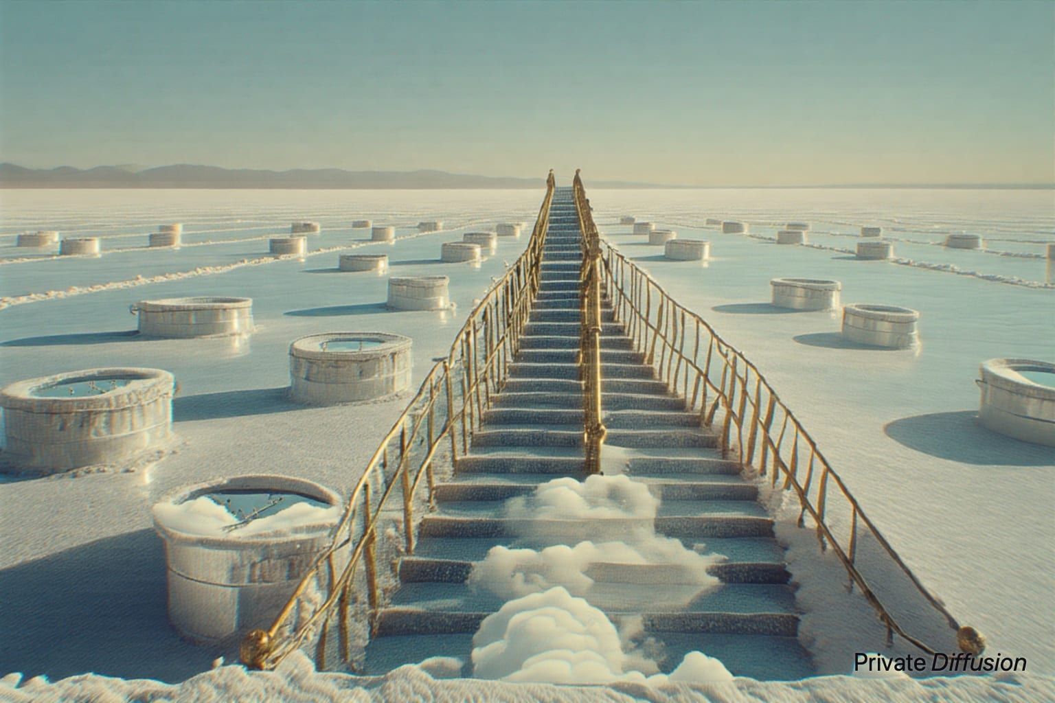 A looping stone staircase collects clouds in glass buckets across a mirrored salt flat.