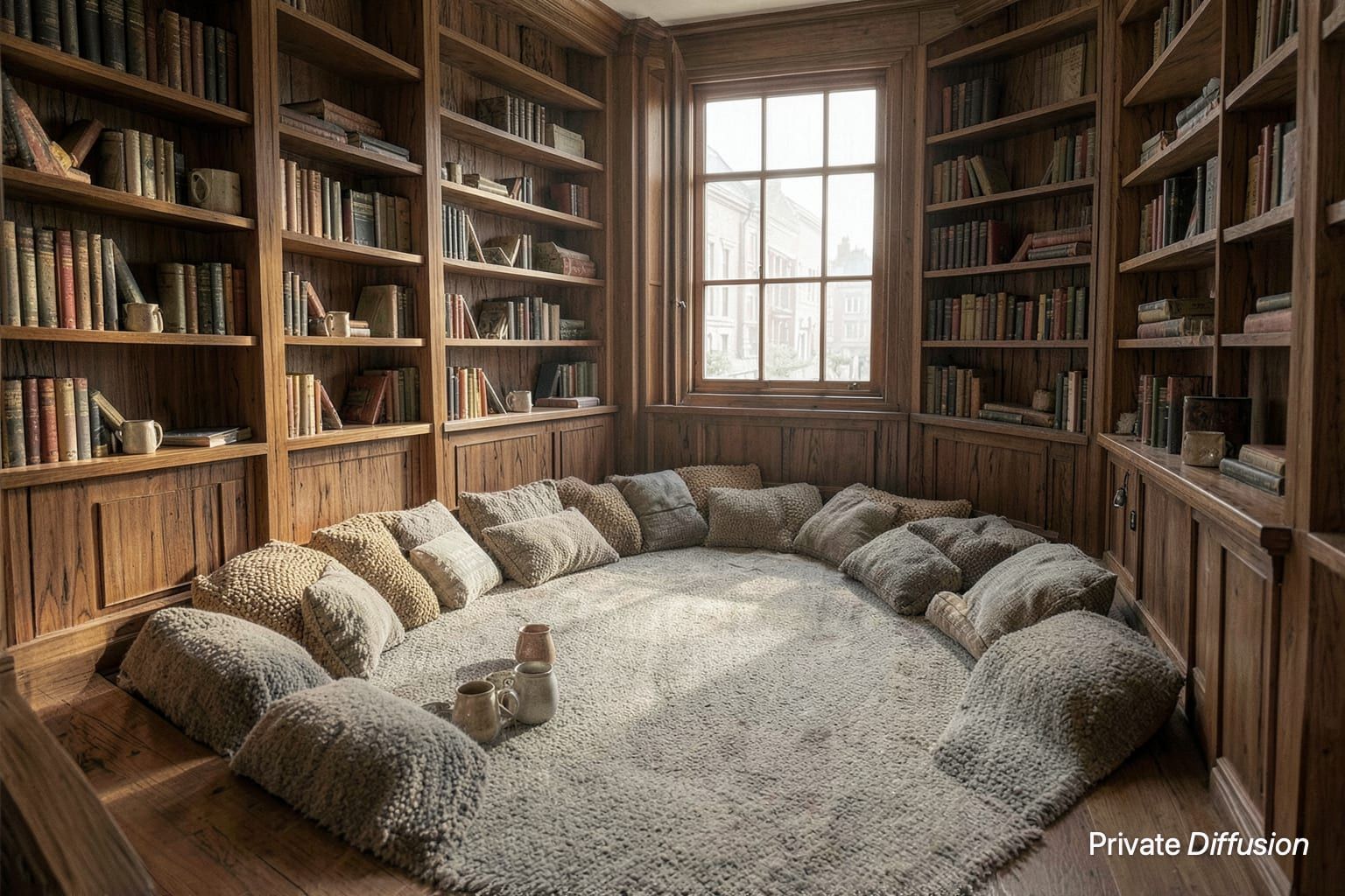 A warm sunken reading room has walnut shelves, cushions, books, and afternoon light.