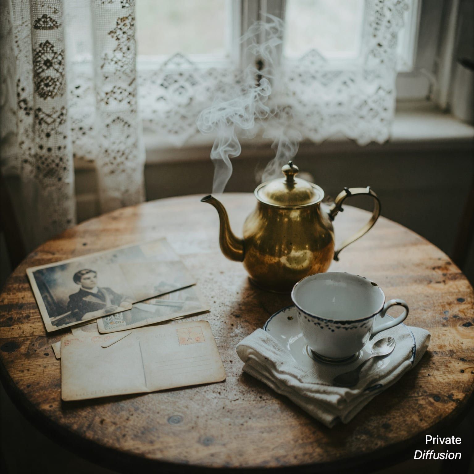 A vintage still life of a brass teapot, postcards, and a cup on a kitchen table.