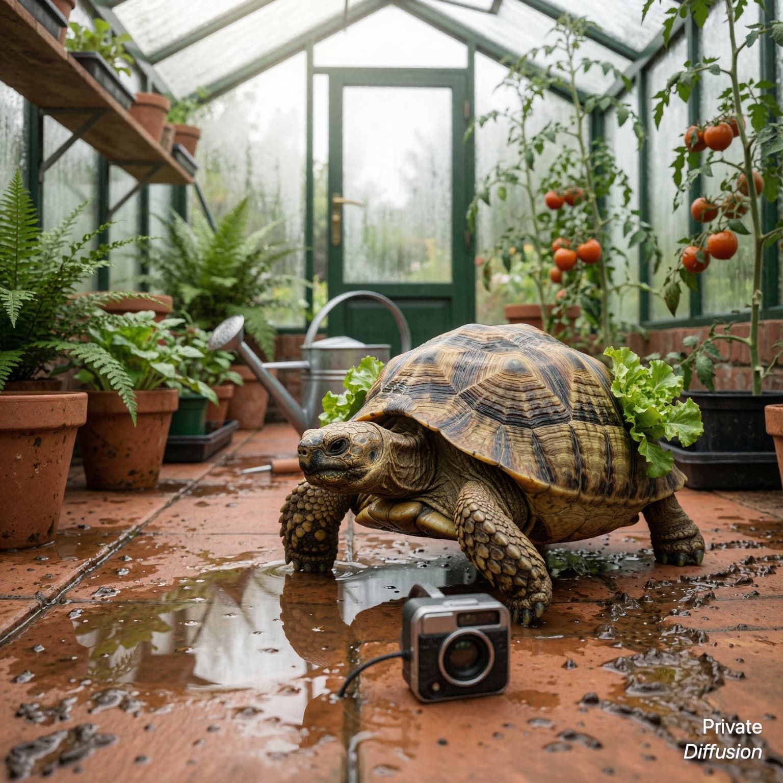 An old tortoise walks over wet terracotta tiles inside a leafy greenhouse.
