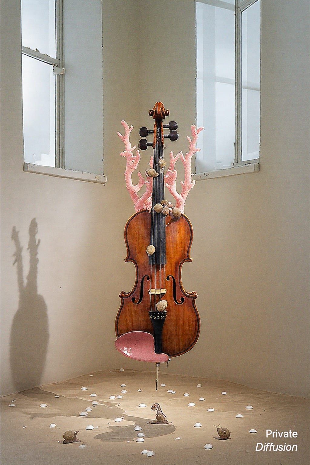 A floating violin with coral antlers hangs above sand inside a moonlit ballroom.