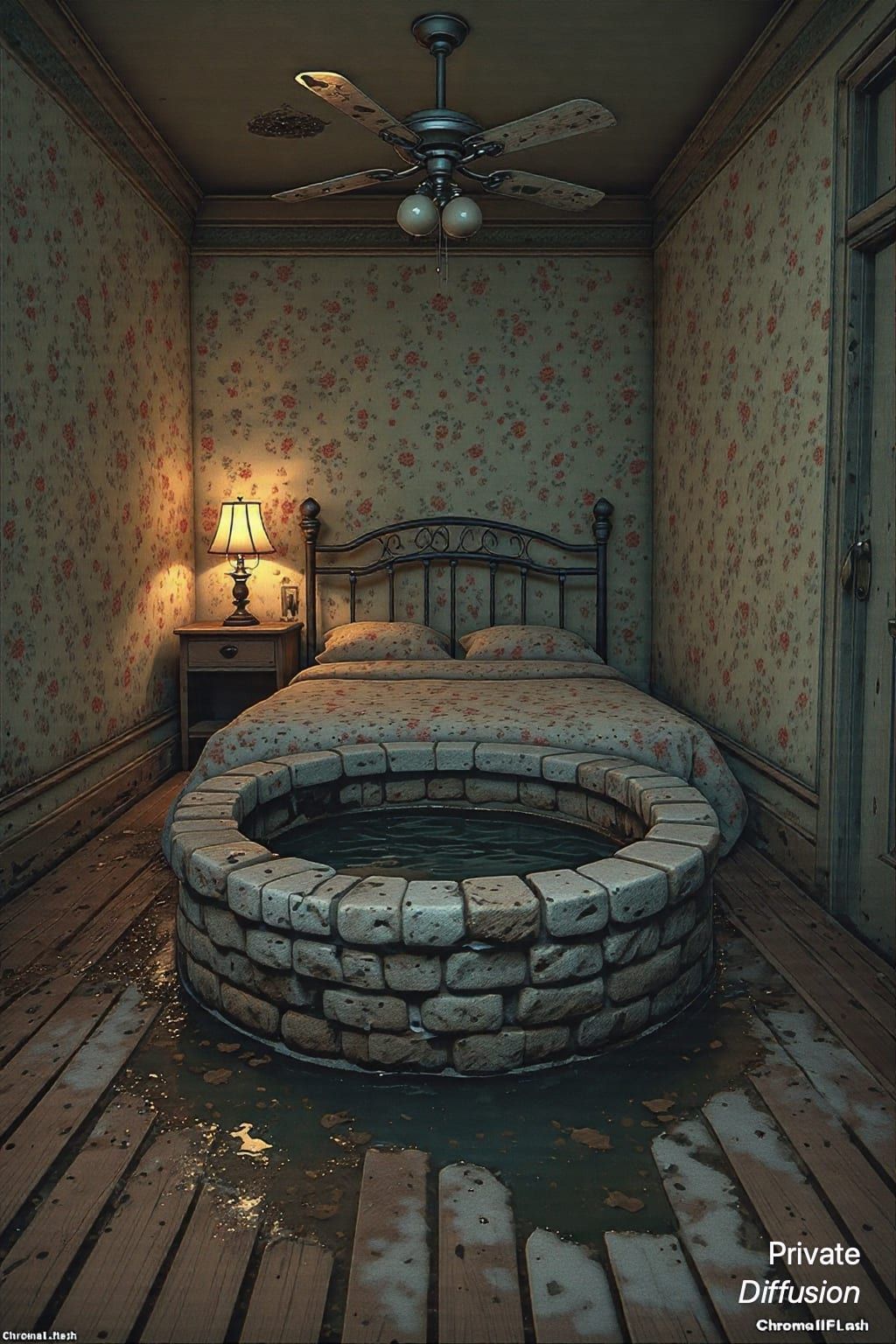 A dark stone well breaks through the floor of an abandoned bedroom.