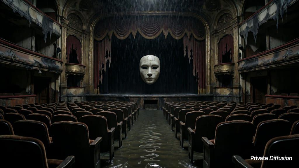 An empty flooded theater shows black rain falling upward around a floating mask.
