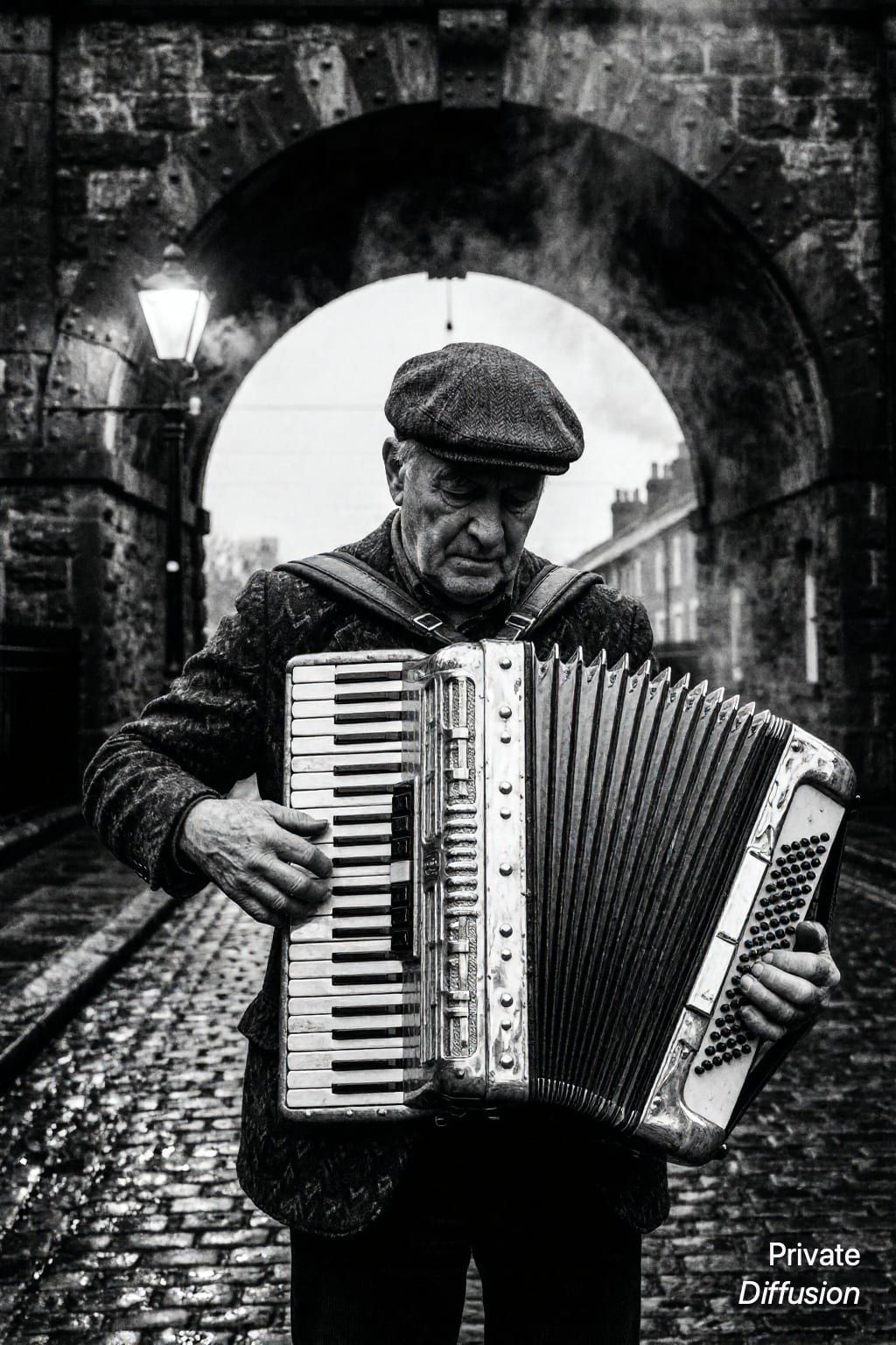 A black-and-white street musician plays accordion beneath a rainy railway arch.