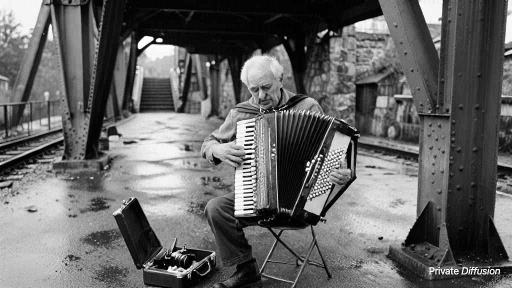 A black-and-white scene shows an accordion player beneath a wet iron bridge.