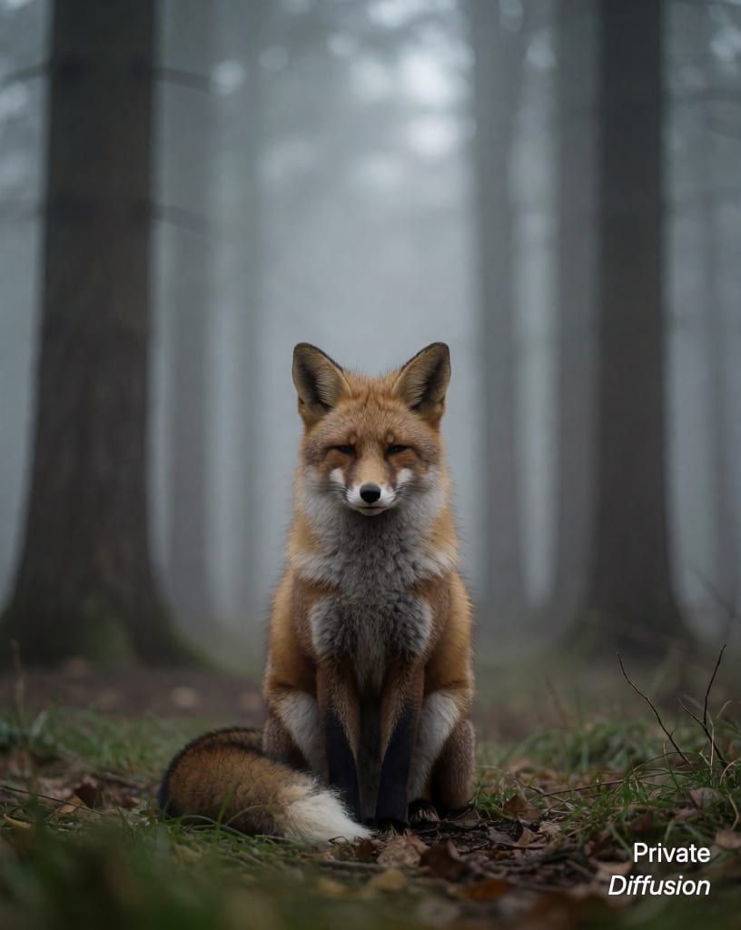 a fox in a misty forest, with at rest added