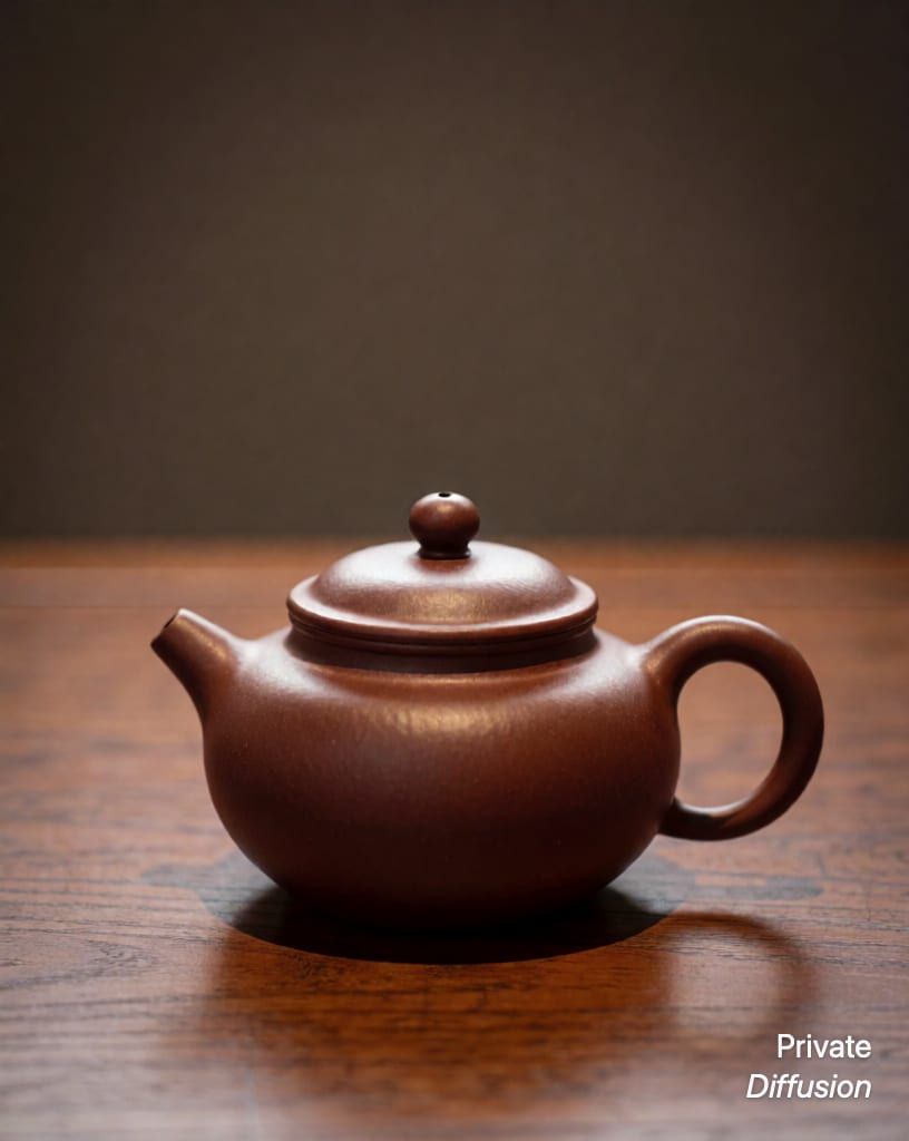 a ceramic teapot on a wooden table, with at rest added