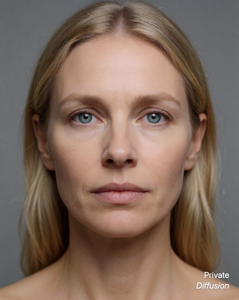 photorealistic portrait of a blonde woman with blue eyes, with at rest added