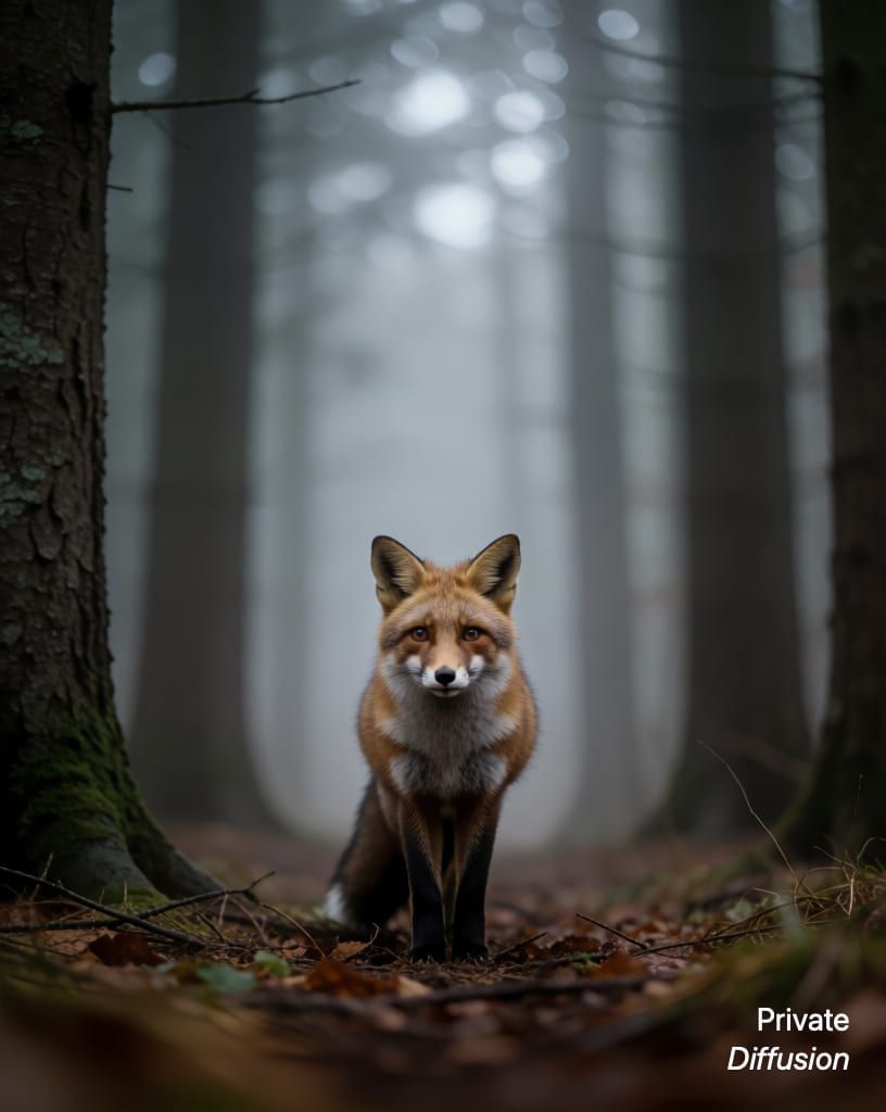 a fox in a misty forest, with facing the camera added