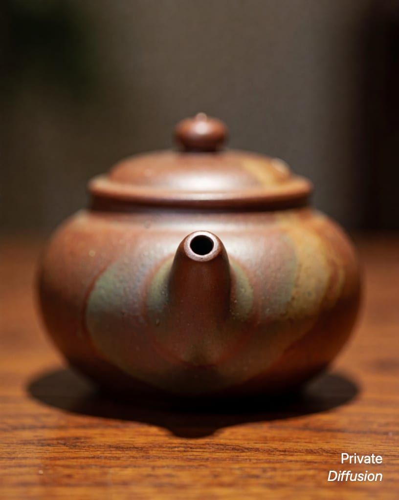 a ceramic teapot on a wooden table, with facing the camera added