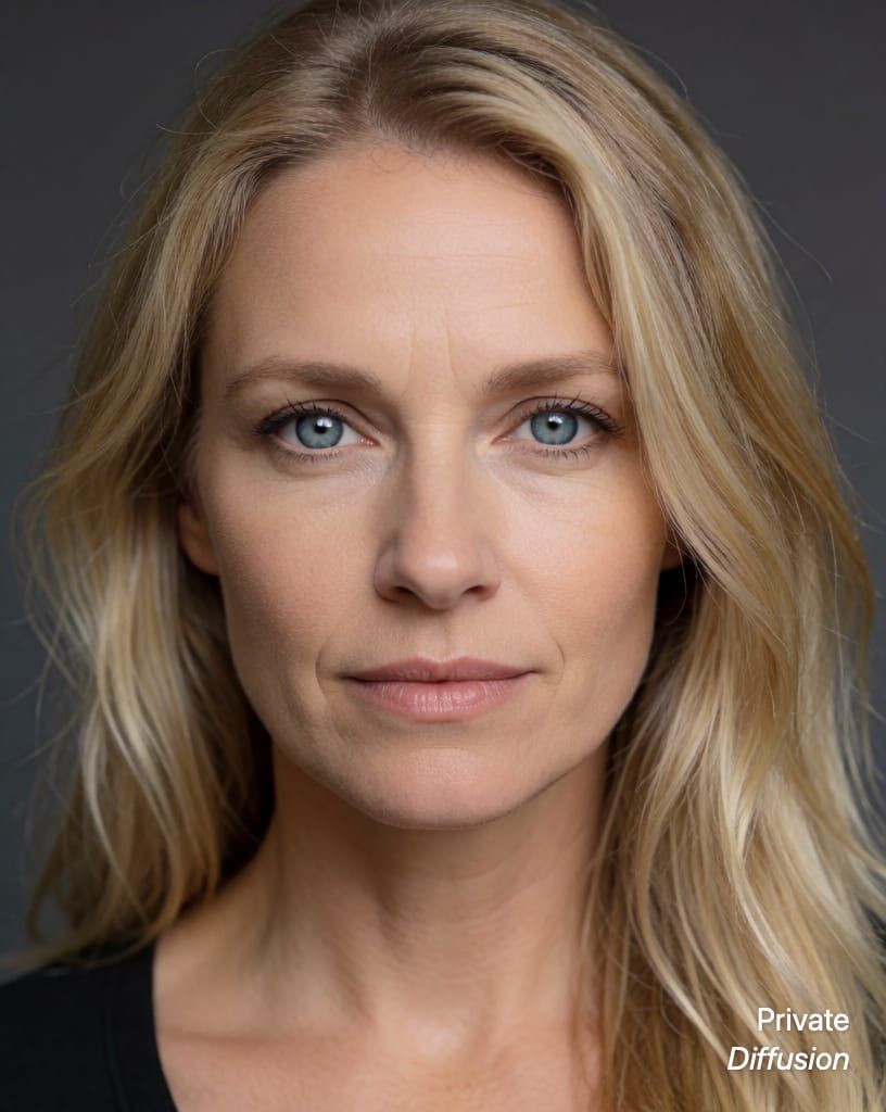 photorealistic portrait of a blonde woman with blue eyes, with facing the camera added