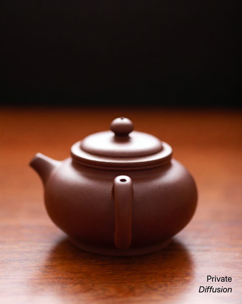 a ceramic teapot on a wooden table, with seen from behind added