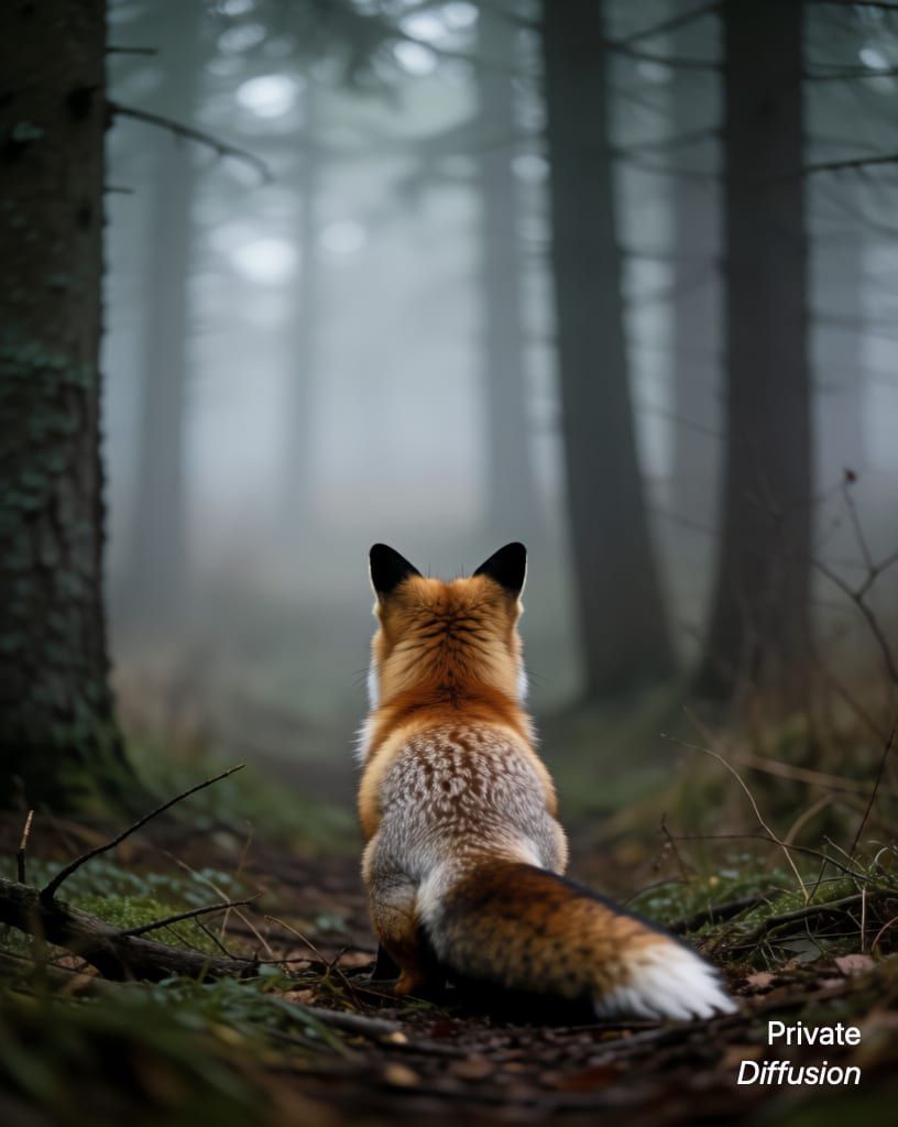 a fox in a misty forest, with seen from behind added