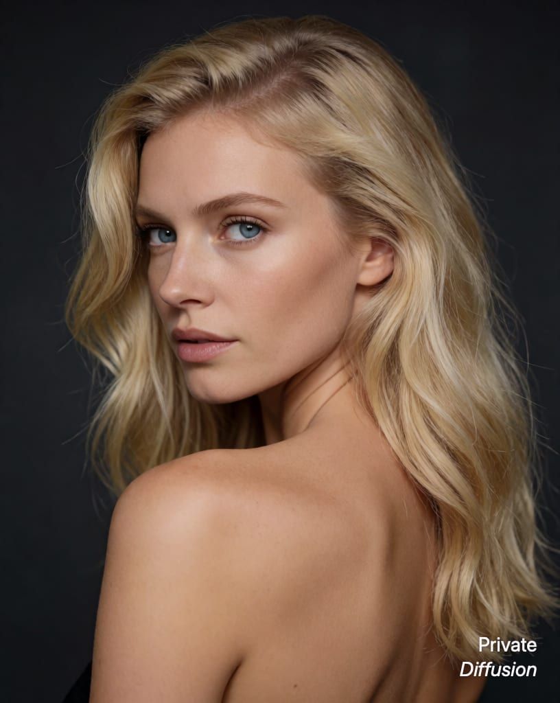 photorealistic portrait of a blonde woman with blue eyes, with seen from behind added