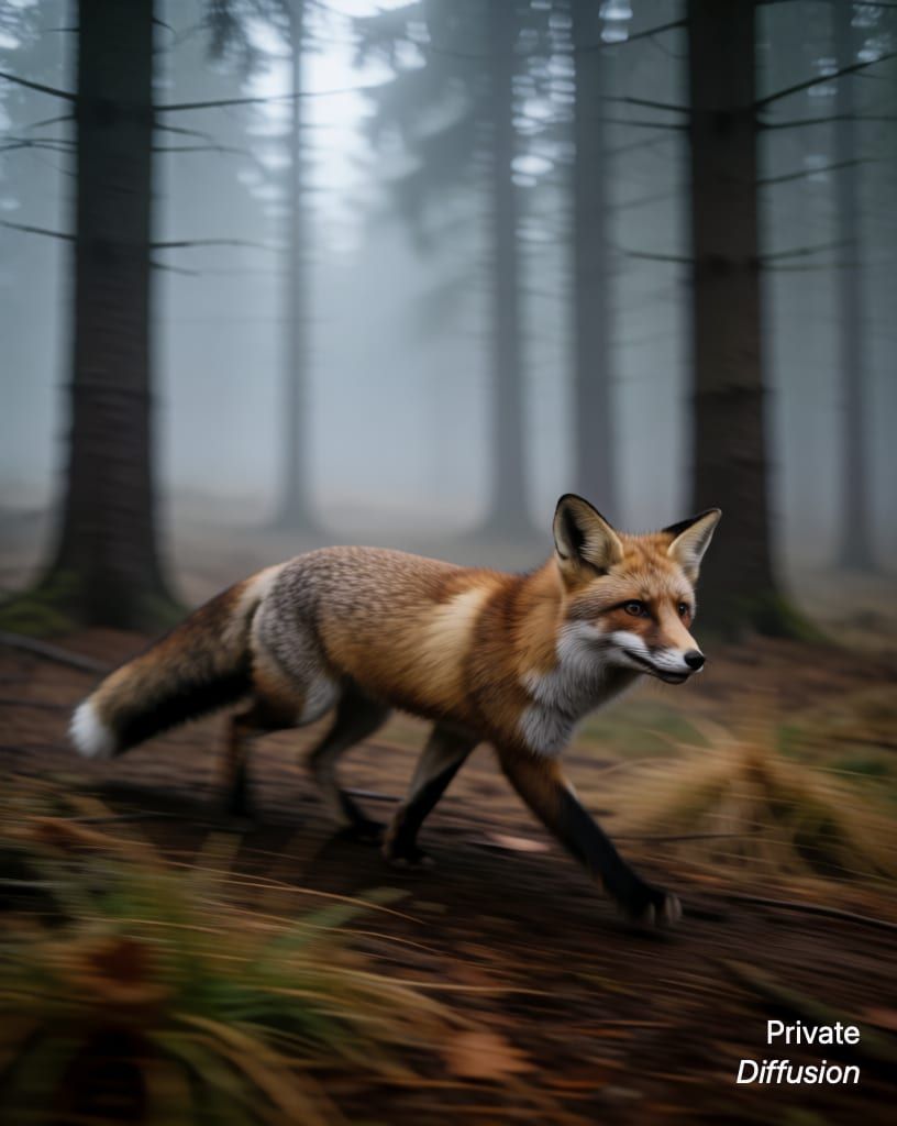 a fox in a misty forest, with in motion added