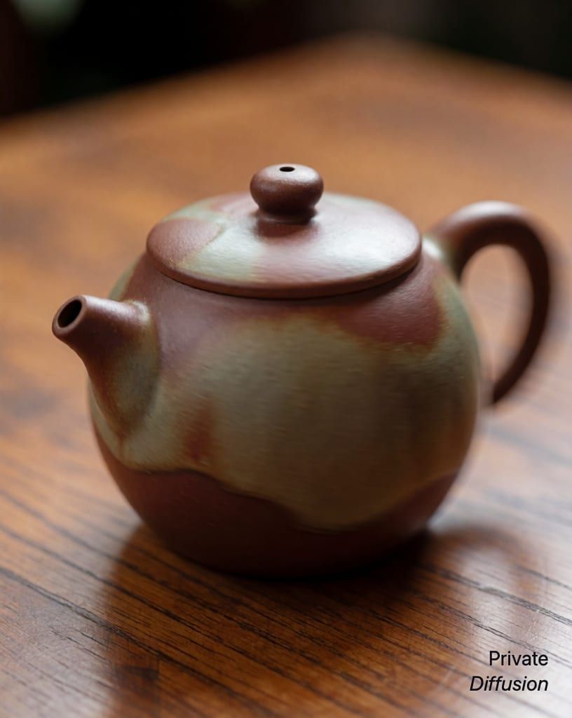 a ceramic teapot on a wooden table, with in motion added
