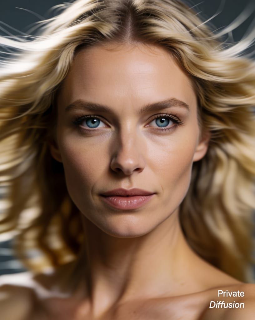 photorealistic portrait of a blonde woman with blue eyes, with in motion added