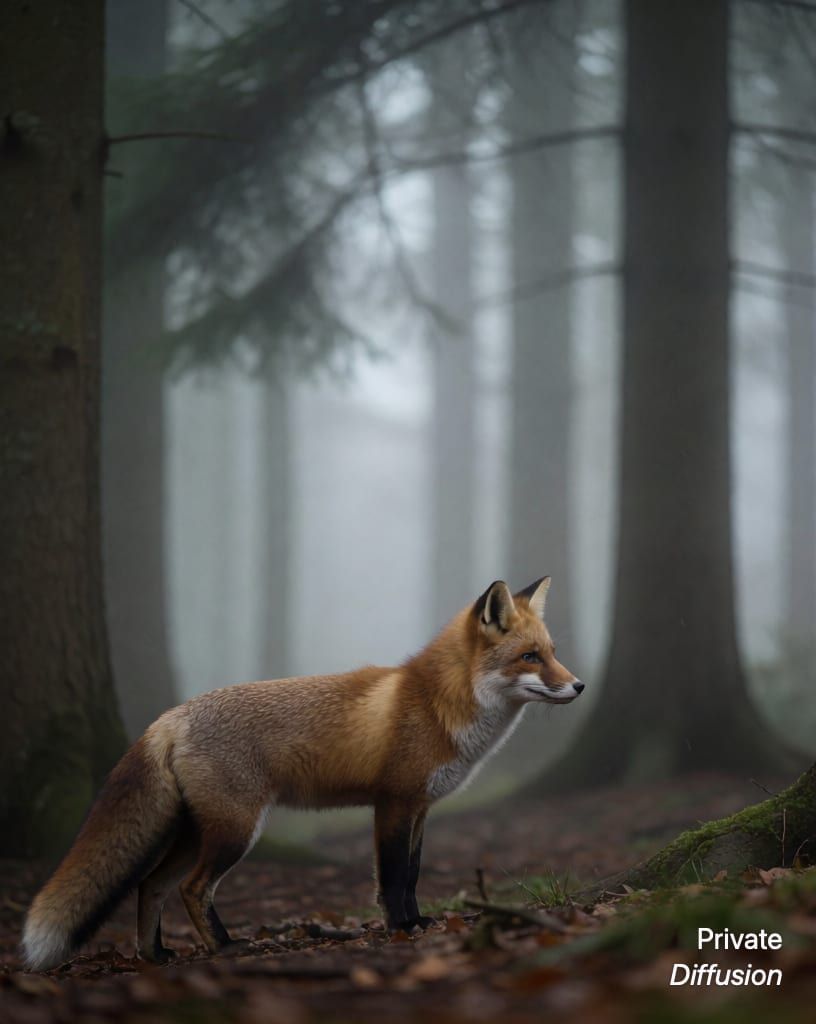a fox in a misty forest, with in profile added
