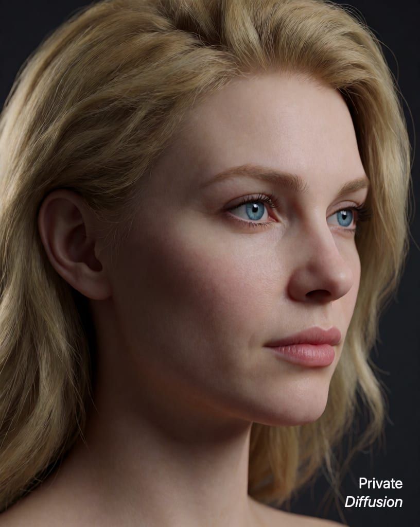 photorealistic portrait of a blonde woman with blue eyes, with in profile added