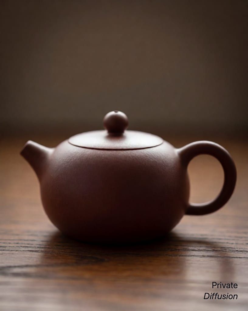 a ceramic teapot on a wooden table, with in profile added
