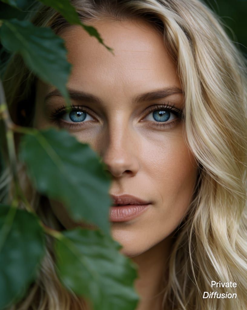 photorealistic portrait of a blonde woman with blue eyes, with partly hidden added