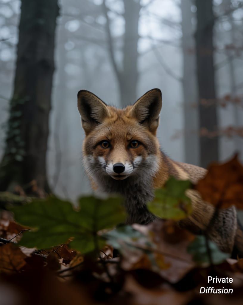 a fox in a misty forest, with partly hidden added