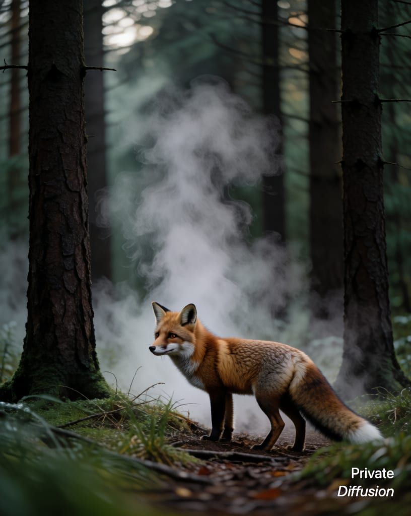 a fox in a misty forest, with steam rising added