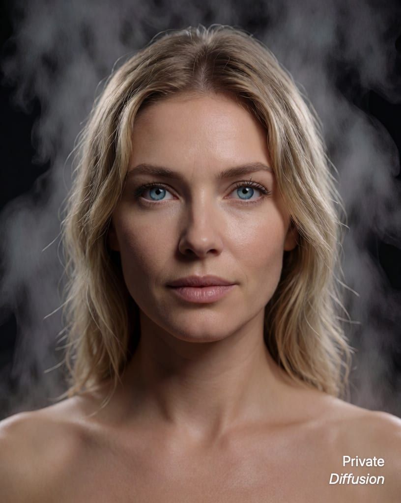 photorealistic portrait of a blonde woman with blue eyes, with steam rising added