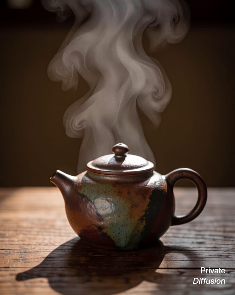 a ceramic teapot on a wooden table, with steam rising added