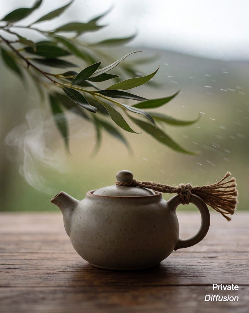 a ceramic teapot on a wooden table, with caught in the wind added