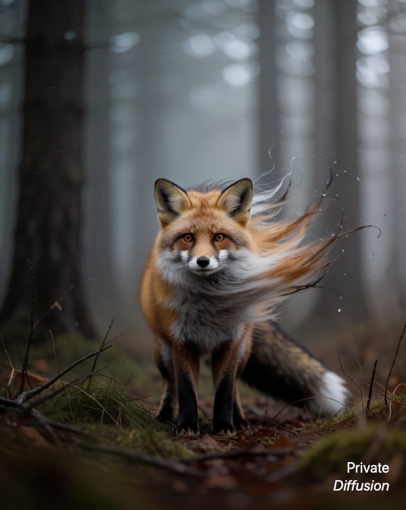 a fox in a misty forest, with caught in the wind added