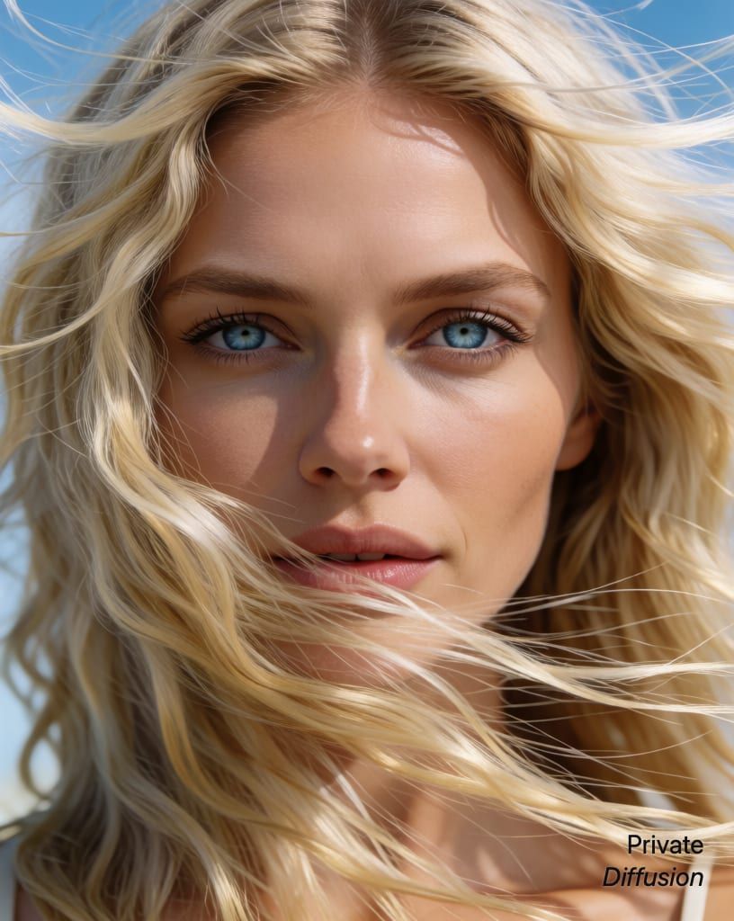 photorealistic portrait of a blonde woman with blue eyes, with caught in the wind added