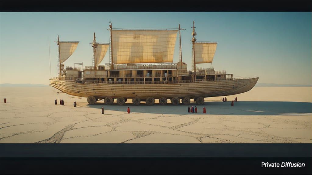 A huge wheeled ark carries gardens and cabins across a cracked salt basin.