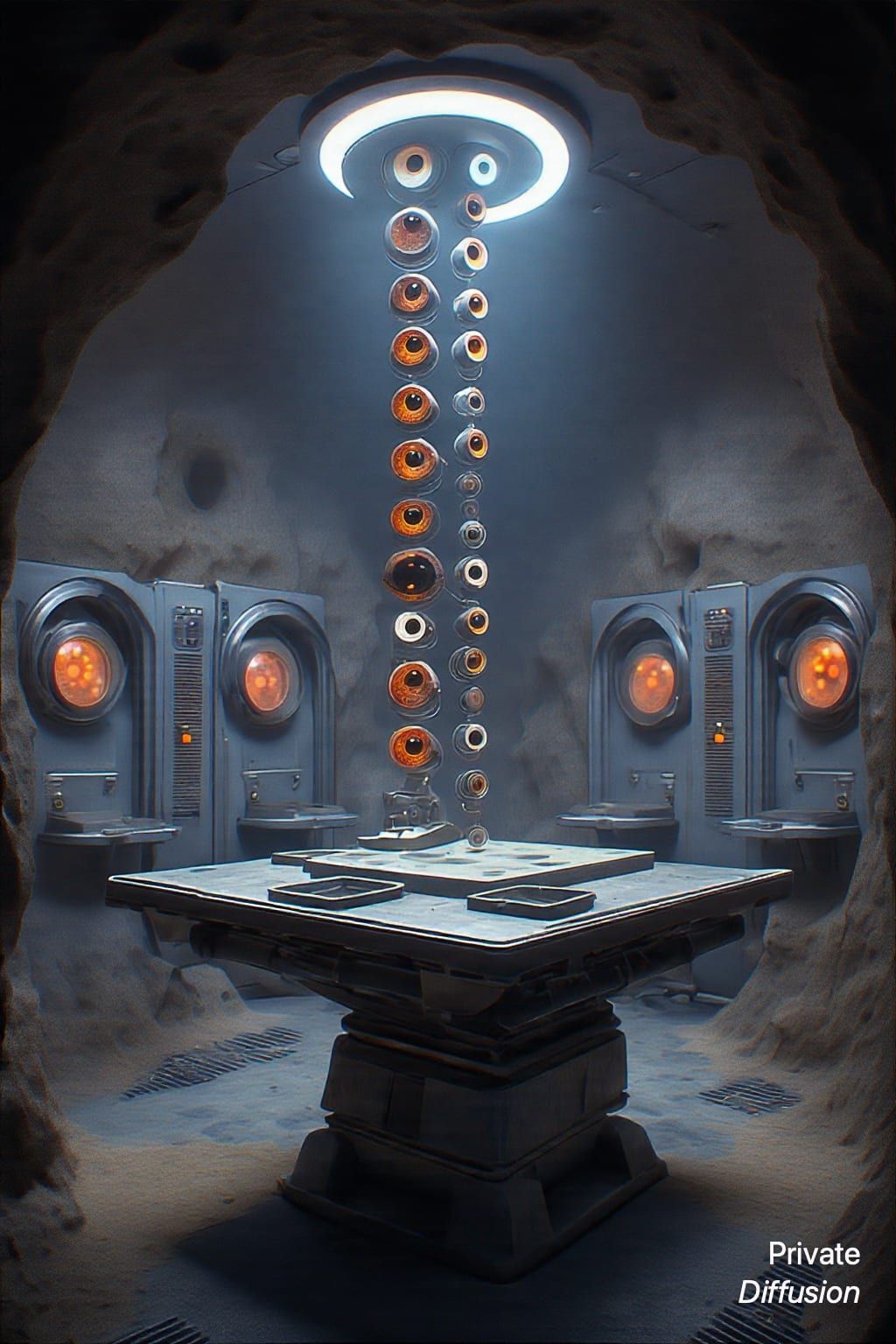 Floating android eye lenses hover above a worktable inside an asteroid repair clinic.